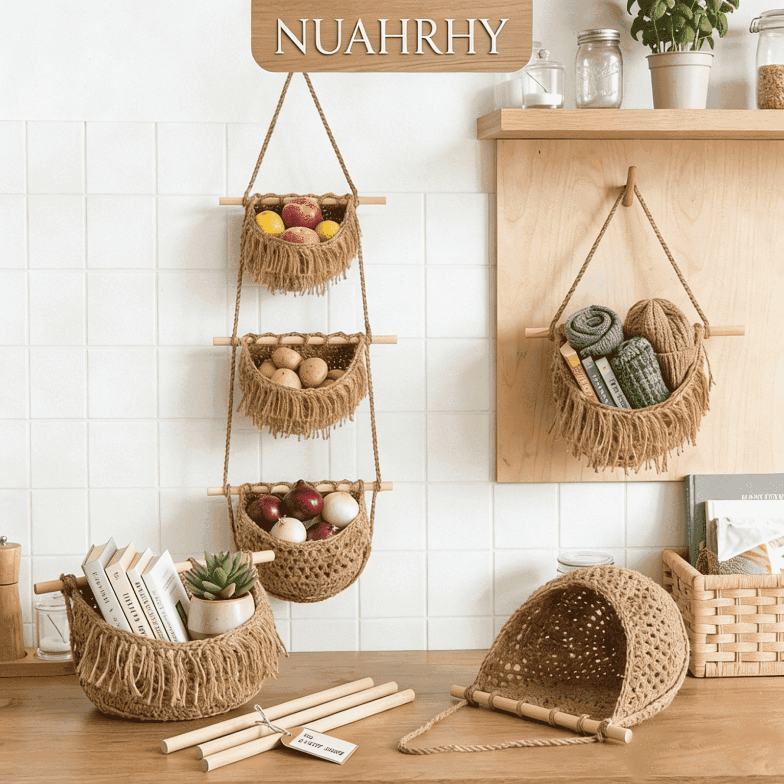3 Tier Wall Mounted Storage Basket, Hand Woven Jute Organizer for Kitchen, Bedroom, and RV, Boho Hanging Decor, Vertical Fruit and Veggie Holder