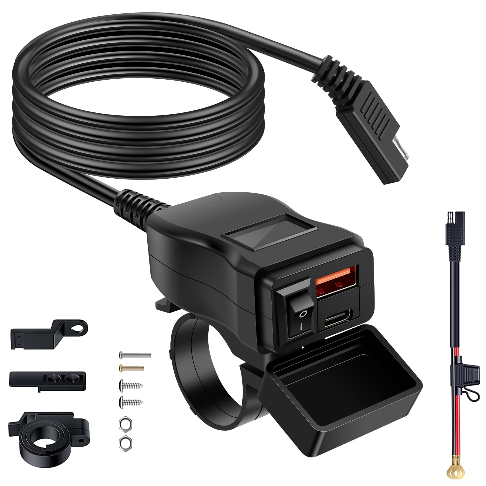 NUAHRHY Motorcycle USB Charger Waterproof SAE to USB Motorcycle Charger Double USB Type C PD and Quick Charge 3.0 Motorcycle Phone Charger Handlebar Mount with Voltmeter and ON/Off Switch for Phone
