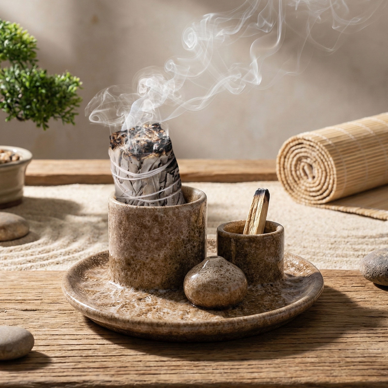 Palo Santo Burner, 4 in 1 Incense Bowl and Ceramic Sage Holder Tray for Stick Incense, Meditation Yoga Room Aromatherapy Decor with Sturdy Base