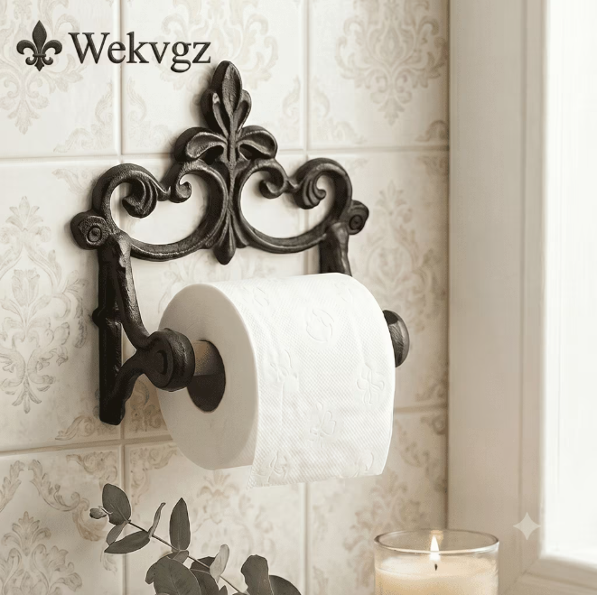 Antique Cast Iron Toilet Paper Holder, Rustic Wall Mount Tissue Roll Dispenser for Bathroom, Black Style 1