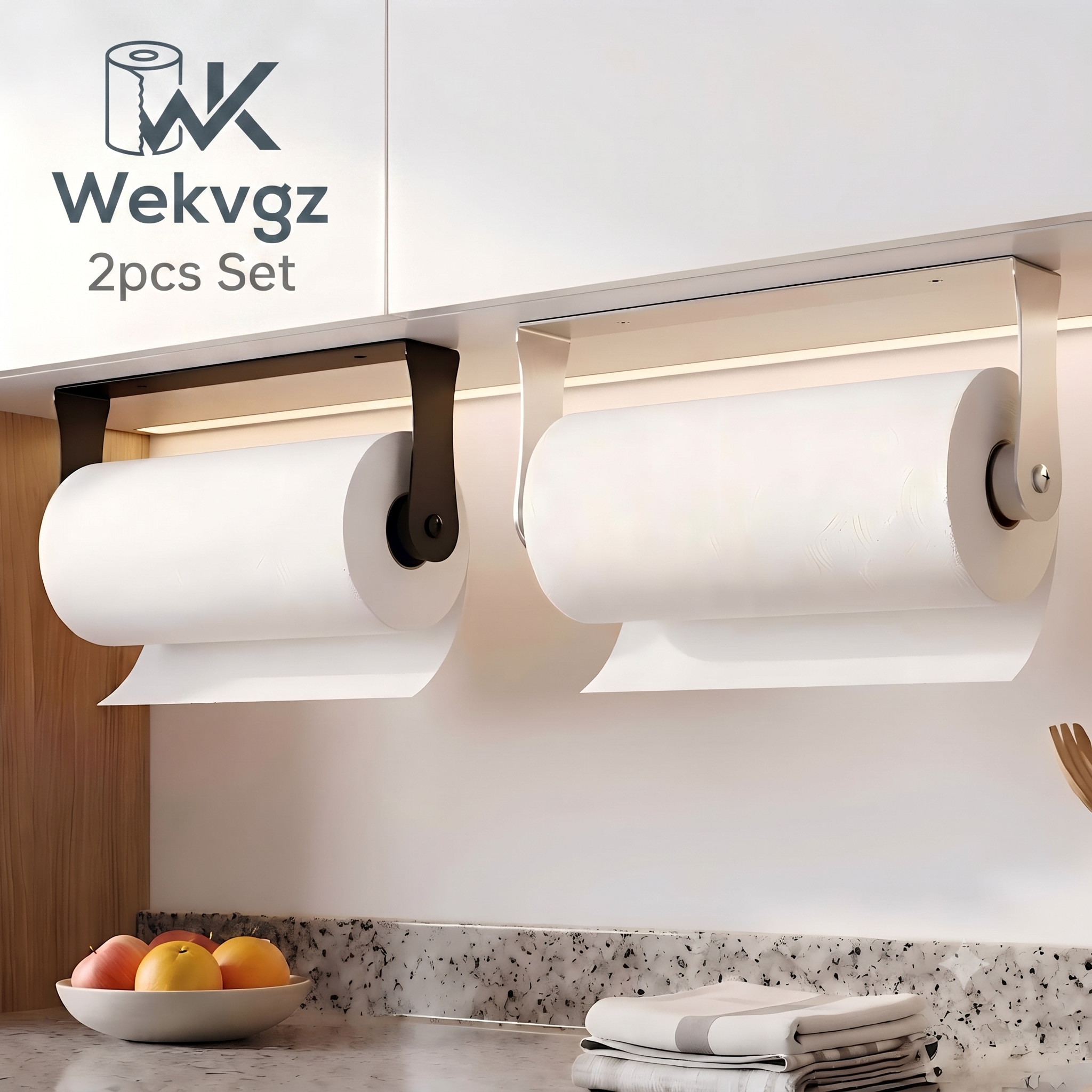 2 Pack Paper Towel Holder Under Cabinet Wall Mount Rack, Stainless Steel, Adhesive or Drilling Installation, Black+Silve