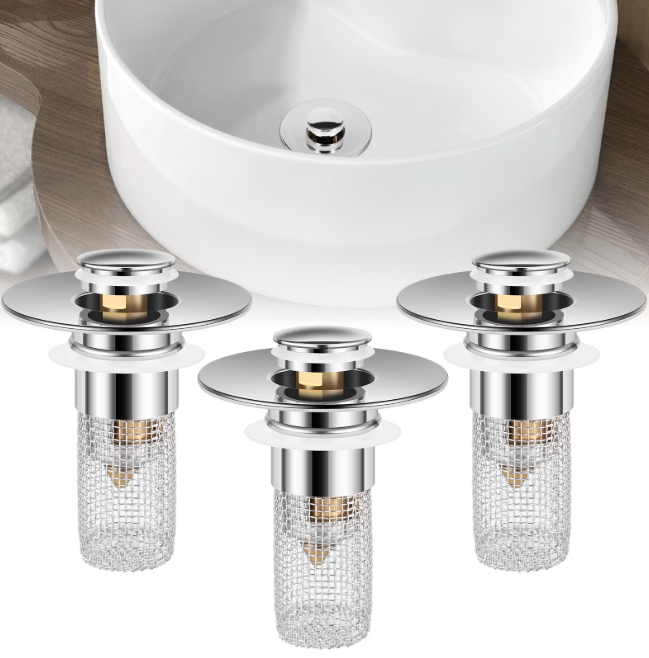 3PCS 304 Stainless Steel Pop Up Sink Drain Strainer, Brass Core Anti-Clog Stopper with Filter Basket, Hair Trap Drain Plug Fits 0.94-1.4 Inch Holes